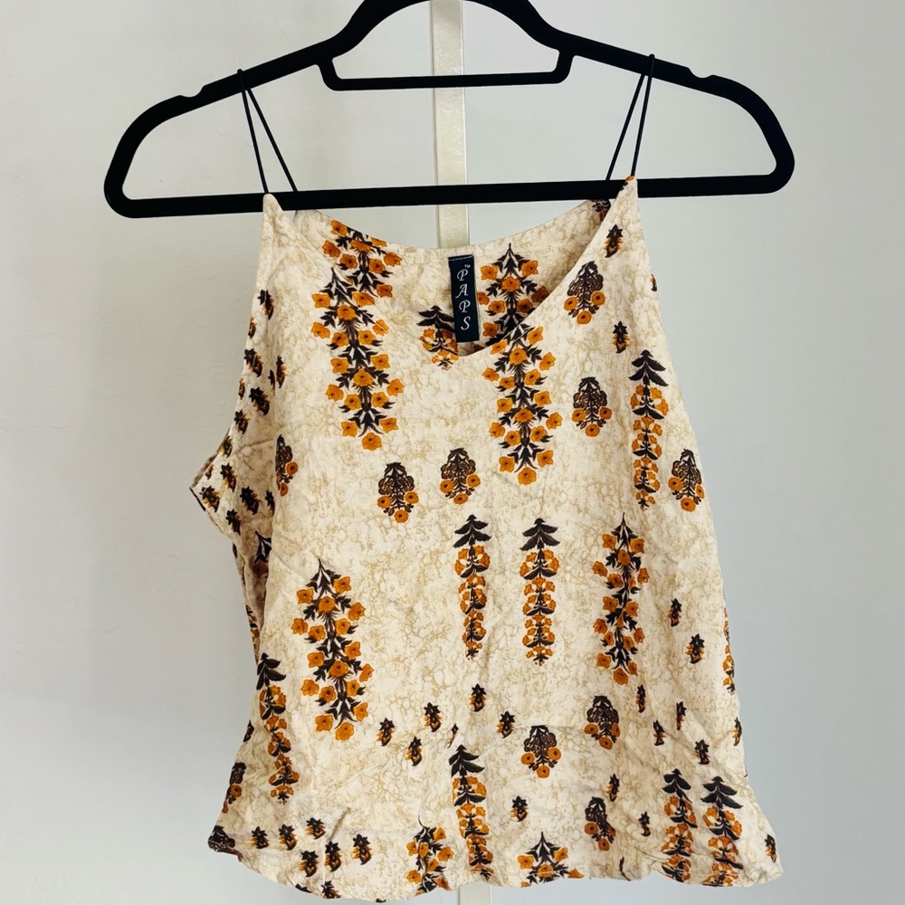 Beige Floral Block Print Style V-neck Tank